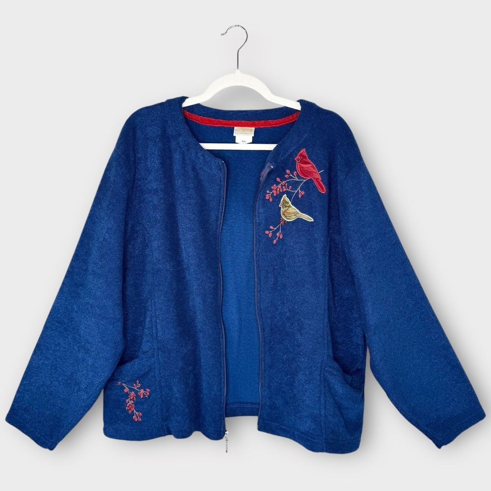 vintage blue cardinal bird & berries full-zip jacket XXL grannycore kitsch EUC